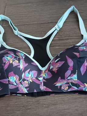 Pro Player Purple Teal Floral Racerback Bra with Light Blue Trim